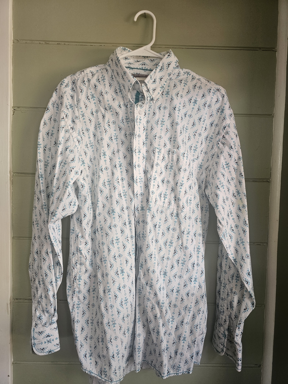 Men's Panhandle White Button-Down Shirt with Teal Aztec Print
